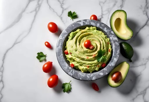 AI generated of a bowl of guacamole with avocado and tomatoes on it, traditional mexican food