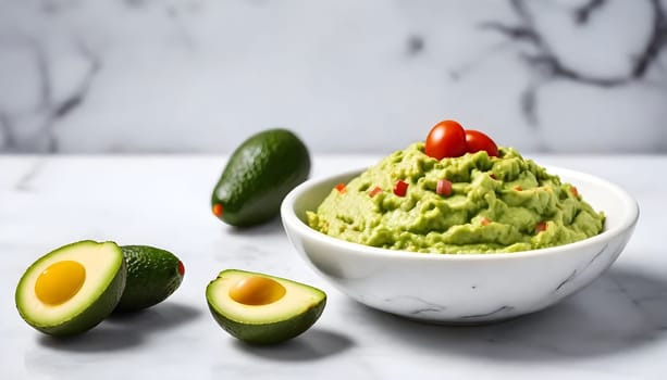 AI generated of a bowl of guacamole with avocado and tomatoes on it, traditional mexican food