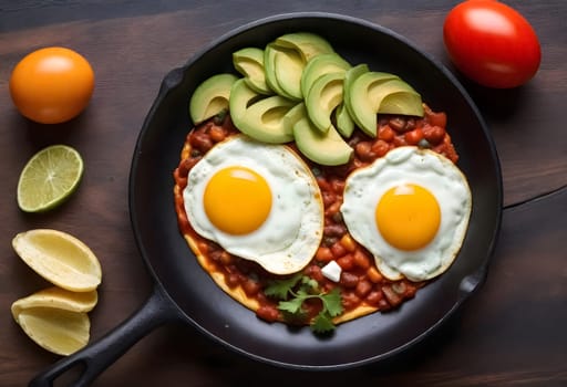 AI generated of huevos rancheros on a plate on the table, mexican food breakfast