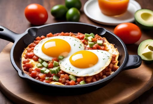 AI generated of huevos rancheros on a plate on the table, mexican food breakfast