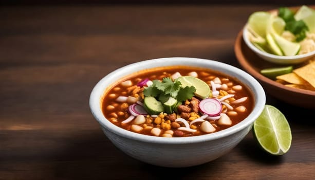 AI generated of a bowls of pozole soup with vegetables and avocado