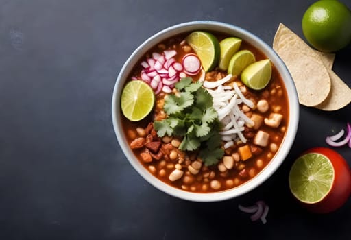 AI generated of a bowls of pozole soup with vegetables and avocado