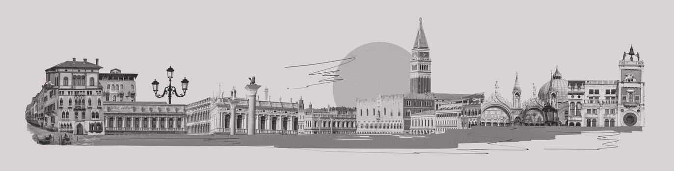 Contemporary artwork. Creative design in retro style. Beautiful buildings in Venice. Vintage town. Concept of creativity, surrealism, imagination, futuristic landscape. Poster