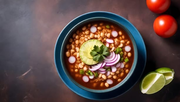 AI generated of a bowls of pozole soup with vegetables and avocado