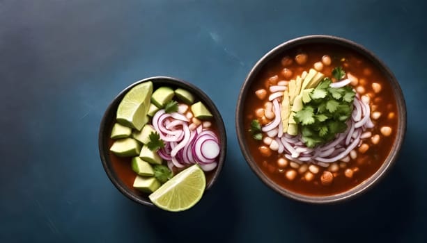 AI generated of a bowls of pozole soup with vegetables and avocado