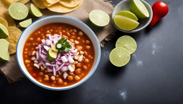AI generated of a bowls of pozole soup with vegetables and avocado