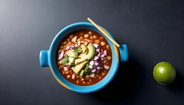 AI generated of a bowls of pozole soup with vegetables and avocado