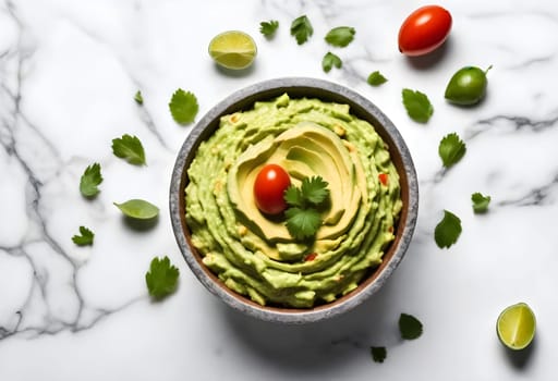 AI generated of a bowl of guacamole with avocado and tomatoes on it, traditional mexican food