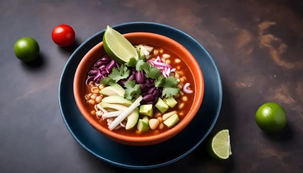 AI generated of a bowls of pozole soup with vegetables and avocado