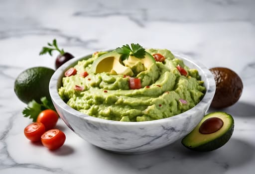 AI generated of a bowl of guacamole with avocado and tomatoes on it, traditional mexican food