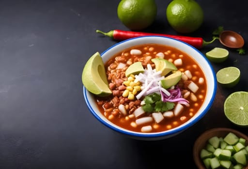 AI generated of a bowls of pozole soup with vegetables and avocado