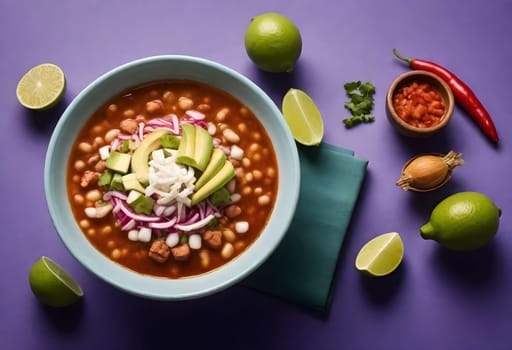 AI generated of a bowls of pozole soup with vegetables and avocado