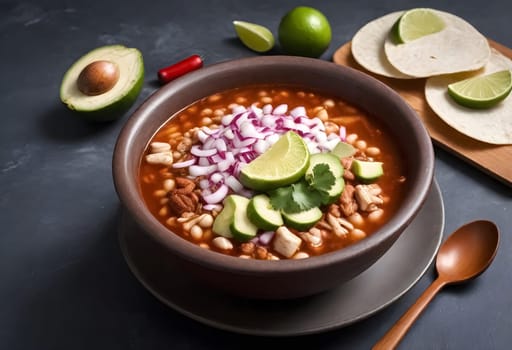 AI generated of a bowls of pozole soup with vegetables and avocado