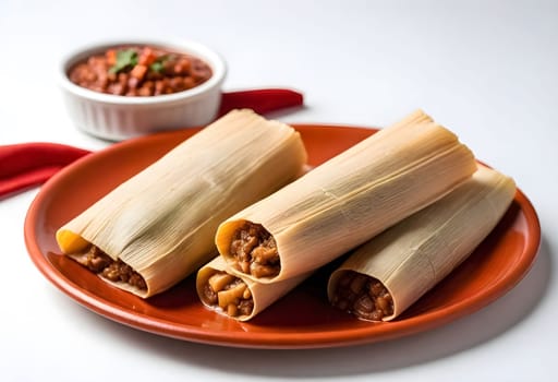 AI generated of a plate of tamales, a traditional mexican food on white background