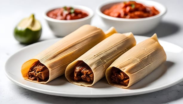 AI generated of a plate of tamales, a traditional mexican food on white background