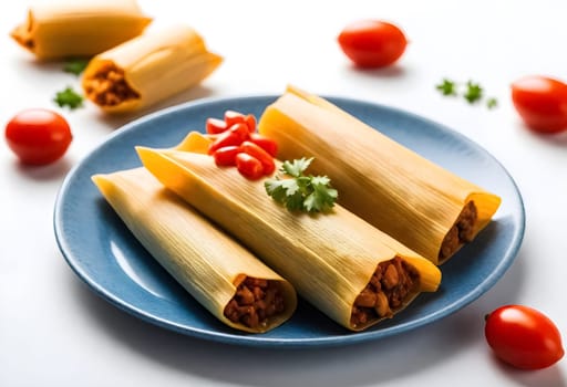 AI generated of a plate of tamales, a traditional mexican food on white background