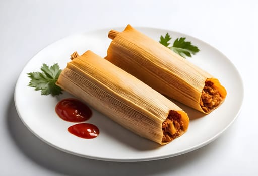 AI generated of a plate of tamales, a traditional mexican food on white background