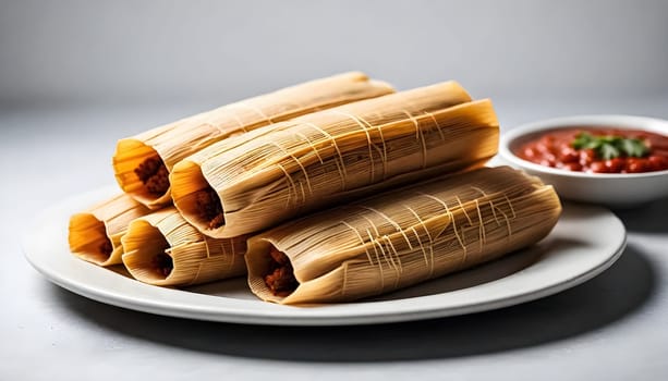 AI generated of a plate of tamales, a traditional mexican food on white background