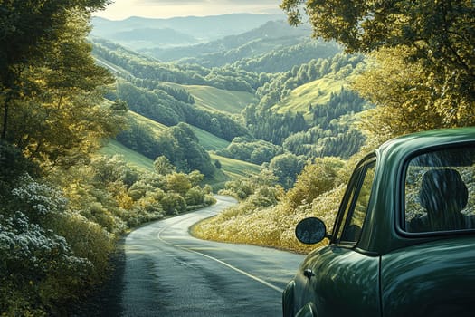 A retro car drives along a serpentine mountain road past green hills.