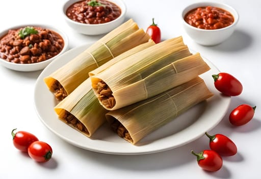 AI generated of a plate of tamales, a traditional mexican food on white background