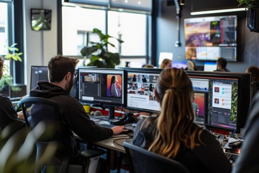 A diverse group of people sitting together, focused on their computer monitors in a vibrant and energetic workspace.