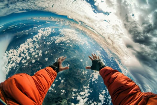 Arms outstretched, a skydiver soars above a quilt-like terrain with cumulus clouds adorning the horizon.