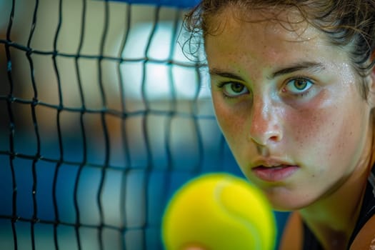 A woman gracefully holds a tennis racket in one hand and a tennis ball in the other, exuding confidence and determination on the court.