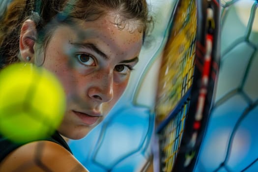 A woman confidently holds a tennis racquet on top of a vibrant tennis court, ready to take on the game with determination and skill.