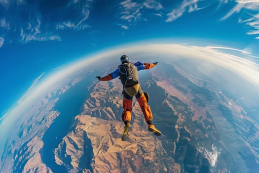 Witness a man flying through the air with grace and ease, his parachute billowing behind him as he navigates the open skies.