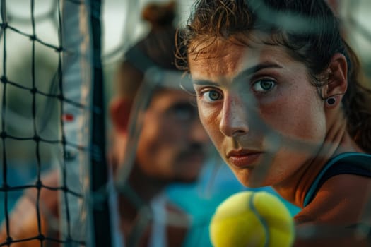 A woman confidently holds a tennis racquet while standing on a tennis court, exuding a strong and powerful presence.
