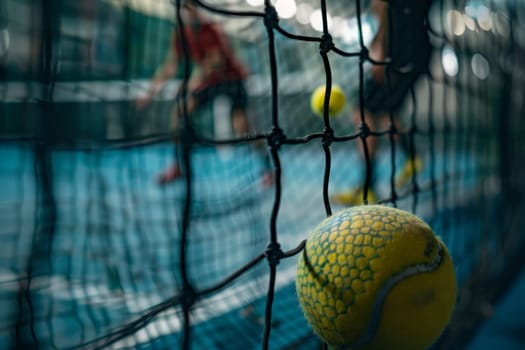 A close up of a tennis ball captured mid-motion as it interacts with the net during a game.