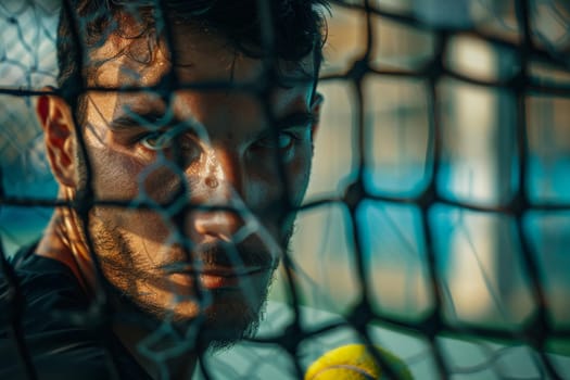 A man confidently holds a tennis ball behind a net, preparing to serve in a game of tennis.