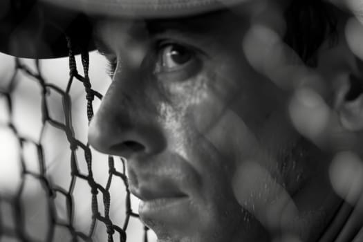 A gritty black and white portrayal of a baseball player in action on the field, showcasing power and determination.