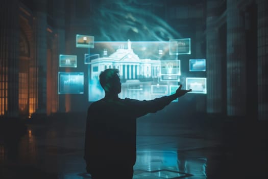 A community leader stands before a glowing projection of a grand building, immersed in the light and shadows casting dramatic reflections.
