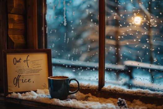 A mug of hot beverage rests on a snowy windowsill, with a sign reading Out of office against the backdrop of a soft-lit cabin.