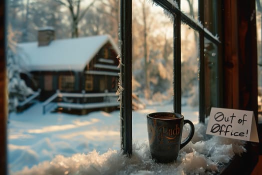 A steaming cup of coffee sits atop a rustic window sill overlooking a snowy cabin scene on a frosty morning.