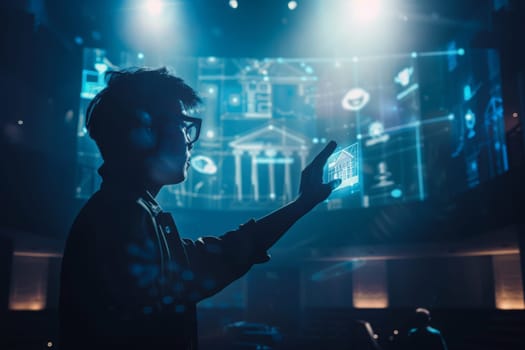 A community leader stands in a dimly lit room, holding a smart phone in front of a stage, projecting creativity and modernity.