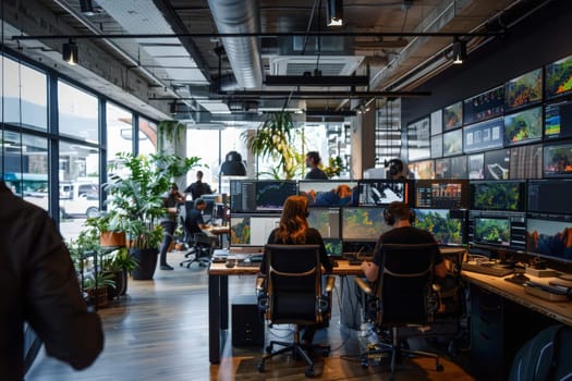 A buzzing office scene with a group of people sitting at computers, focused on coding and designing for a digital marketing agency.