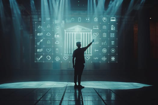 A community leader stands on stage, hand raised in power and conviction, in a dimly lit room filled with expectant faces.