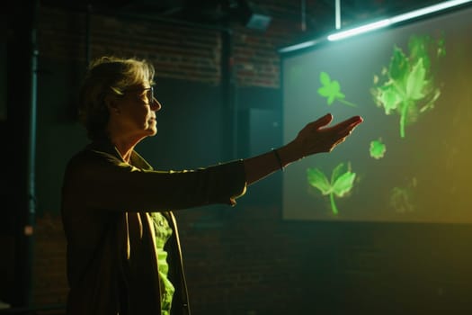 A community leader stands confidently in front of a glowing projection screen, immersed in thought and inspiration.