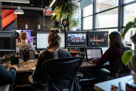 A dynamic team focuses on crafting innovative campaigns in a tech-driven office ambiance.