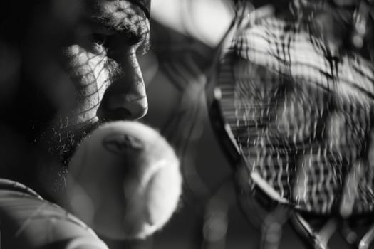 A man in black and white holds a tennis racket, poised and ready for action.