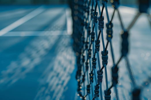 A detailed close up of a tennis court with a net, showcasing the vibrant stripes on the court and the structure of the net.