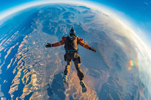 Skydiver in a freefall over a mountainous landscape with the early morning sun casting a warm glow.