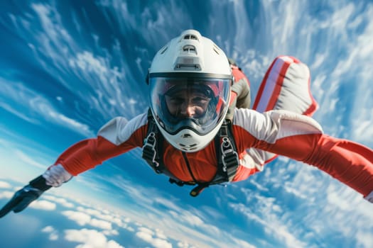 A man dressed in a vibrant red and white suit gracefully descends through the sky while skydiving.