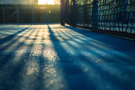 Sunlight streams through the tennis court net, casting a warm glow on the courts surface.