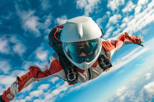 An adventurous man in a helmet and goggles leaps into the air, embodying the thrill and freedom of flight.