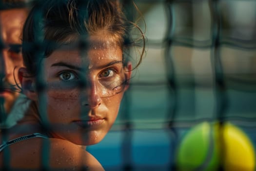 A young girl captivated by a tennis ball, peering through the openings of a fence with curiosity and wonder.