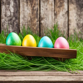 a collection of painted easter eggs celebrating a happy easter on a spring day with green grass mead