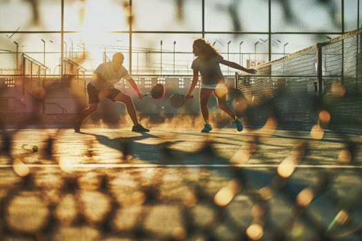 A male and female duo engage in a spirited game of basketball on the court, dribbling, passing, and shooting towards the hoop.